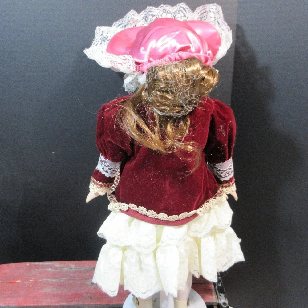 VTG Porcelain Doll in Victorian Burgundy Velvet & Lace Dress with Hat - 16